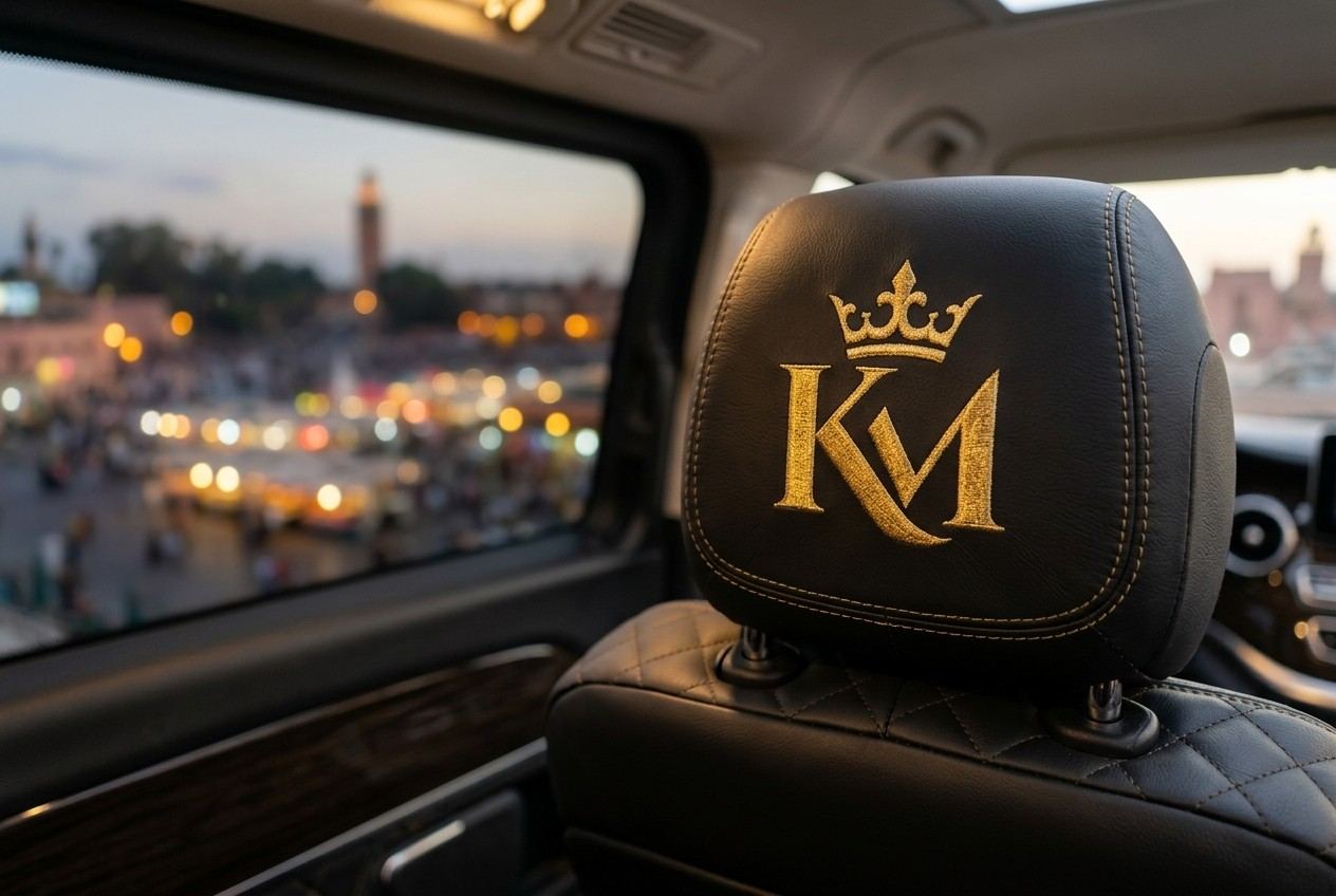 The gold KM monogram on a leather headrest in our Vito, with Jemaa el-Fna at dusk outside the window
