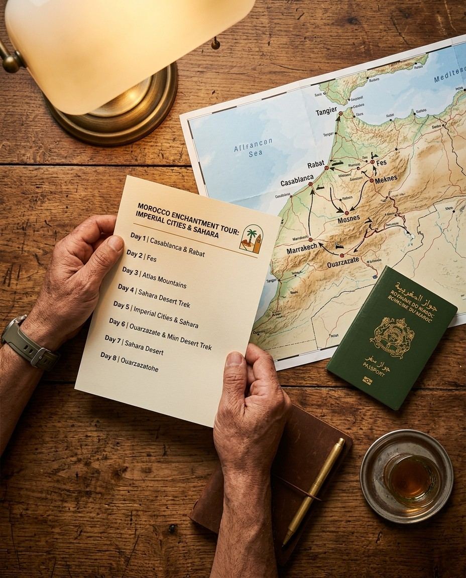Travel itinerary and map of Morocco on a wooden desk