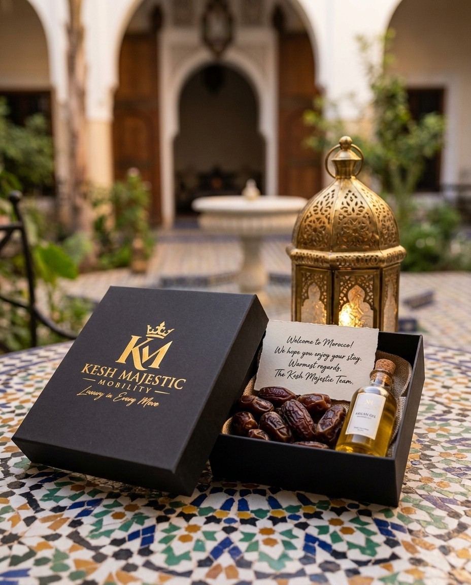 A KM welcome gift box with dates and argan oil in a Marrakech riad courtyard