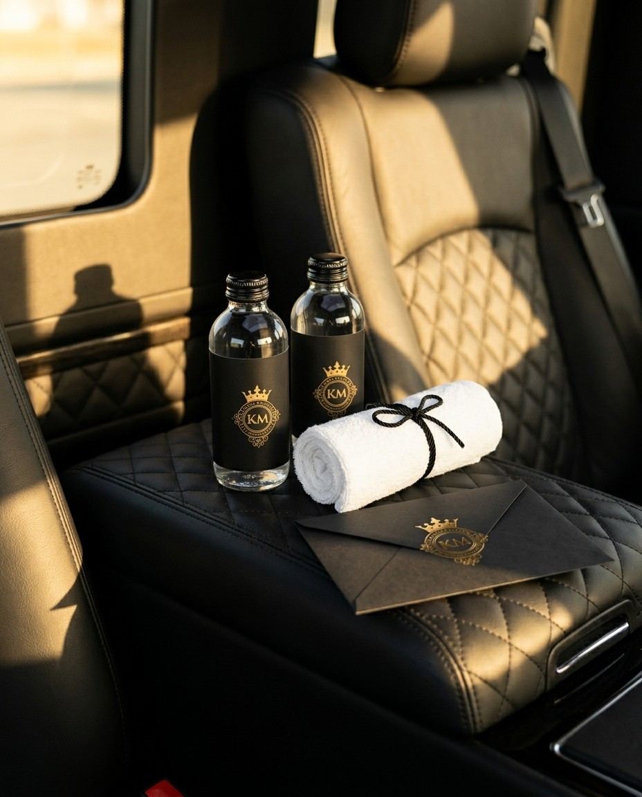 Water bottles, a rolled towel and a welcome envelope on the leather armrest